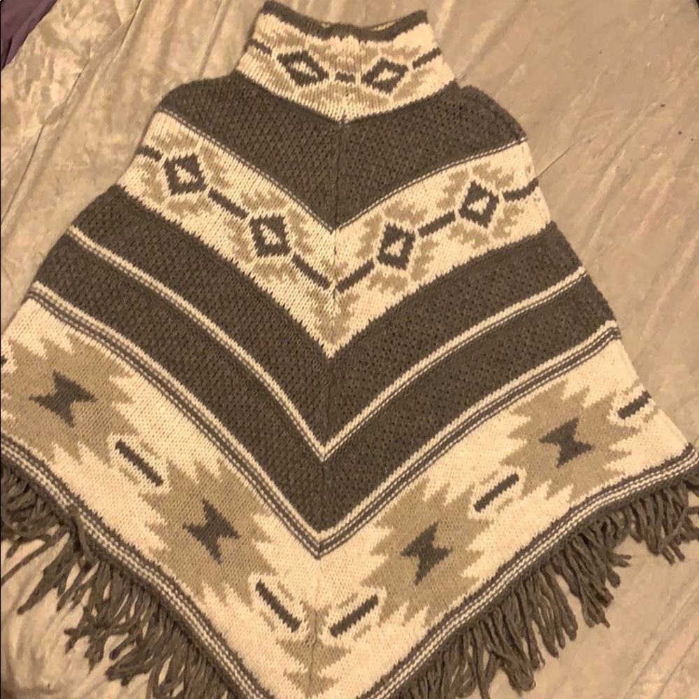 Tan, Cream and Gray Thick Poncho Turtleneck